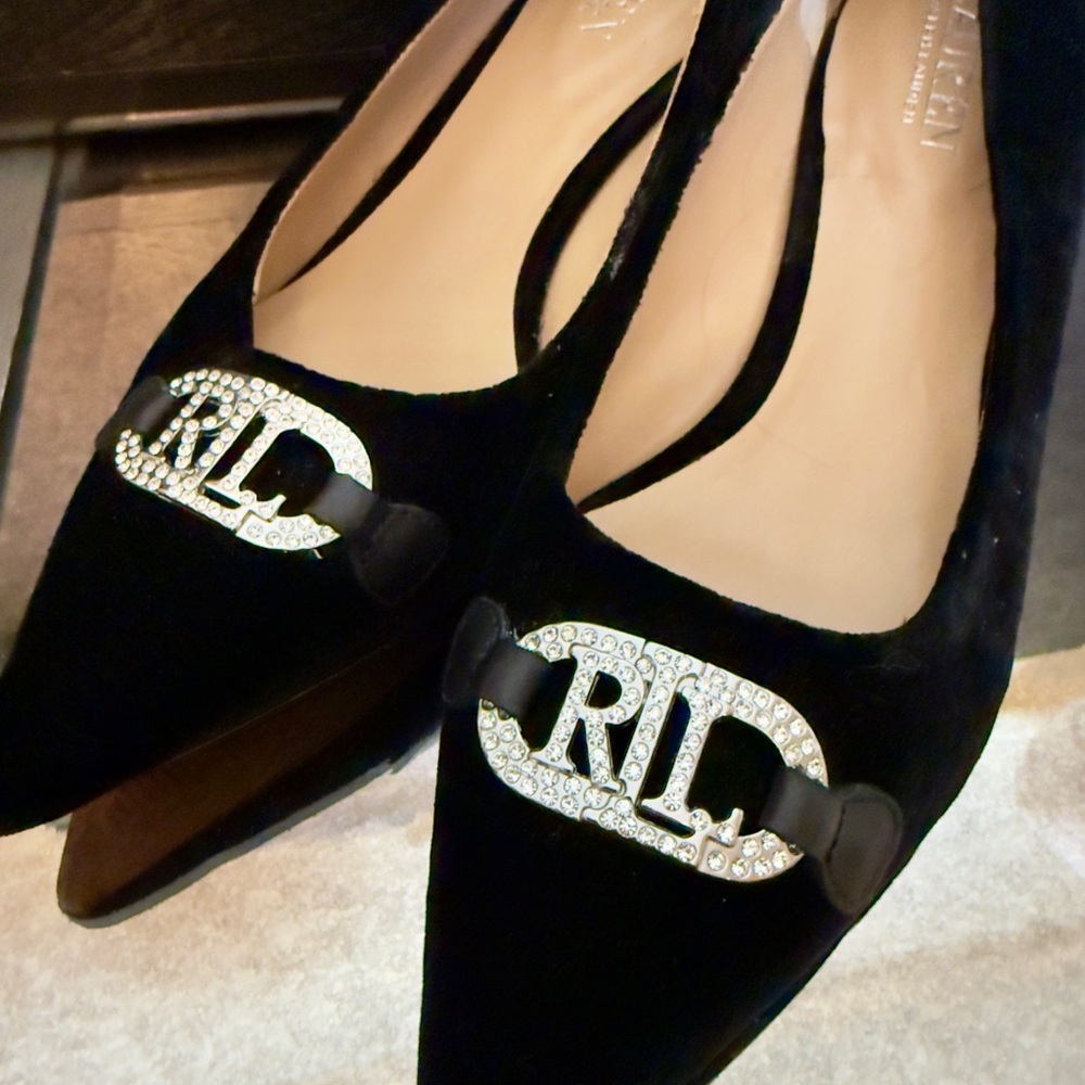 Lauren Ralph Lauren Lilah Black Velvet Rhinestone Heels 6.5M - Picture 4 of 8